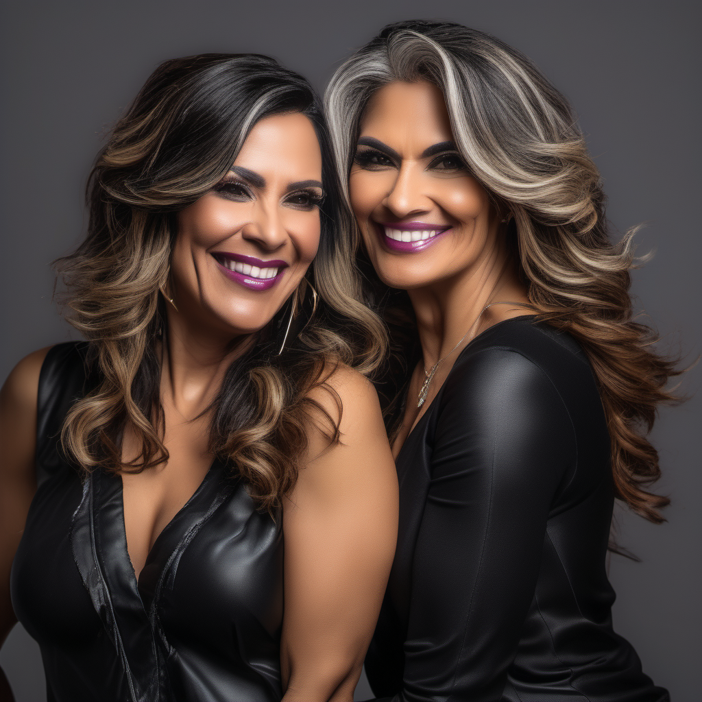 photoshoot of a 40 something Latina female models in beautiful balayage hair posing and smiling in black upscale rockstar attire