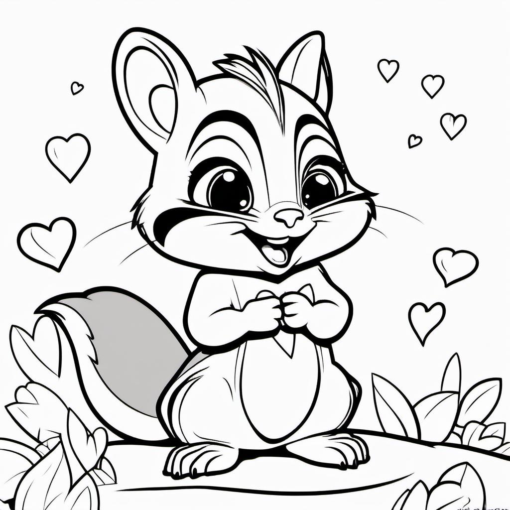 super Adorable little chipmunk line art coloring book page, valentine hearts, black and white, sweet smile, character full body, so cute, excited, big bright eyes, shiny and fluffy,
fairytale, energetic, playful, incredibly high detail, 16k, octane rendering, gorgeous, ultra wide angle.