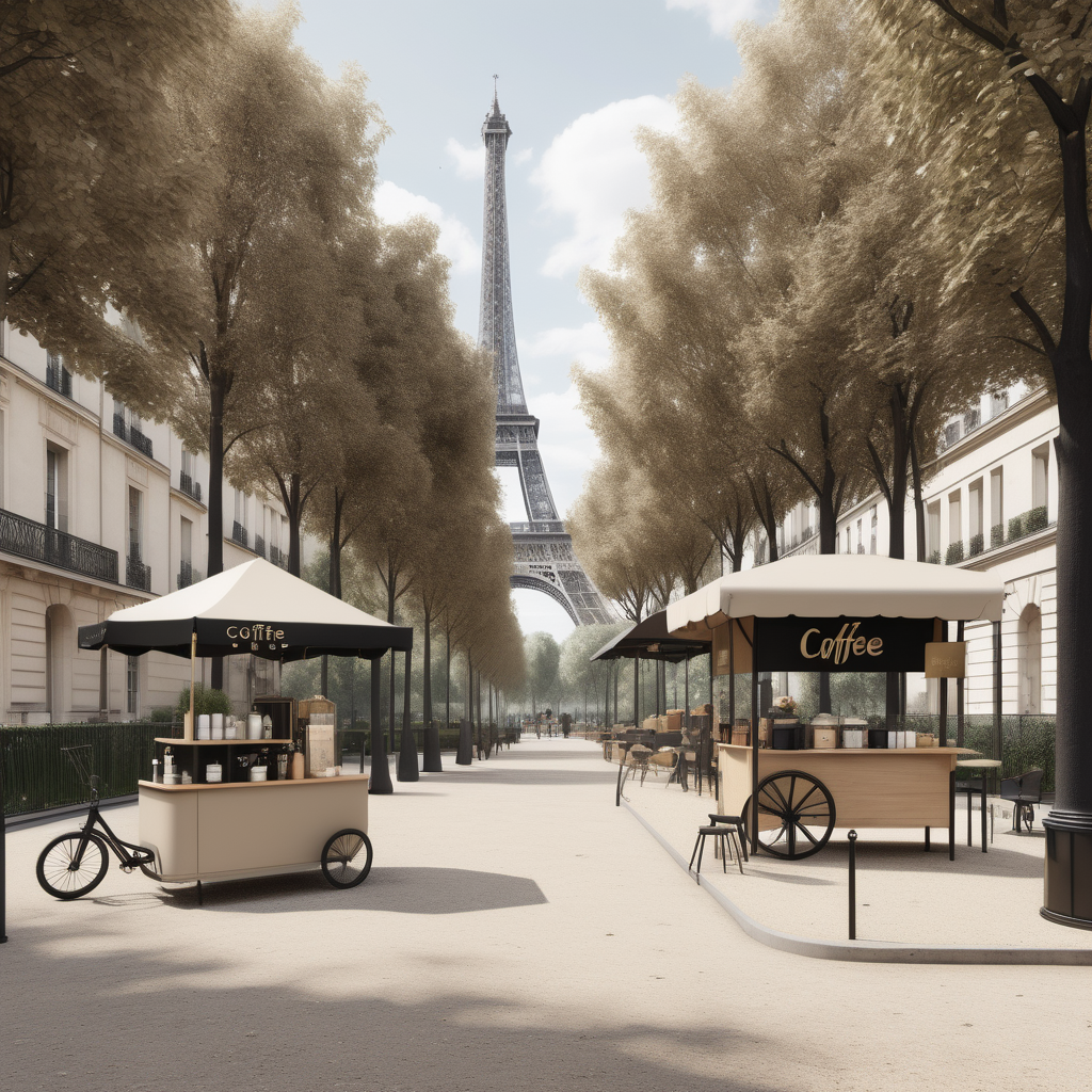 hyperrealistic modern Parisian street of  park with coffee cart and playground; beige, oak, brass and black colour palette

