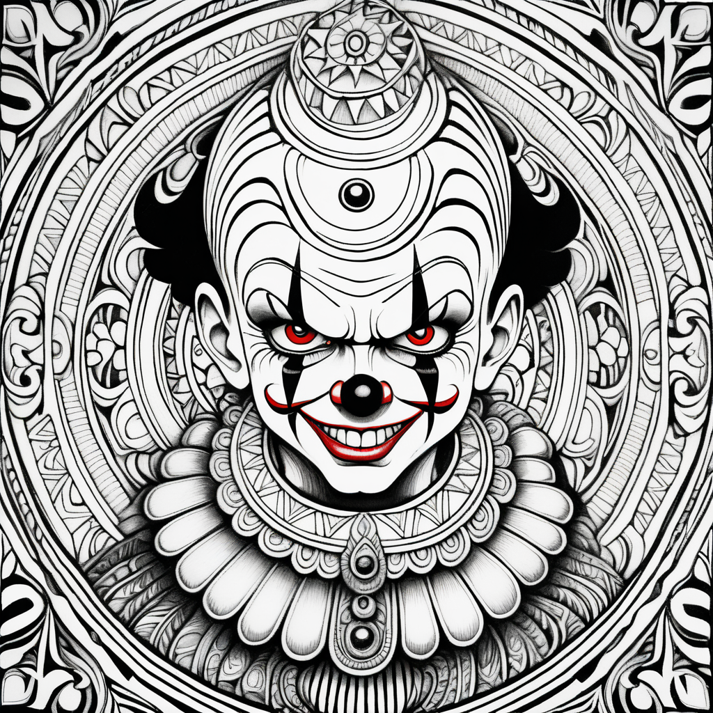 adult coloring page, black & white, strong lines, high details, symmetrical mandala, evil little boy clown 