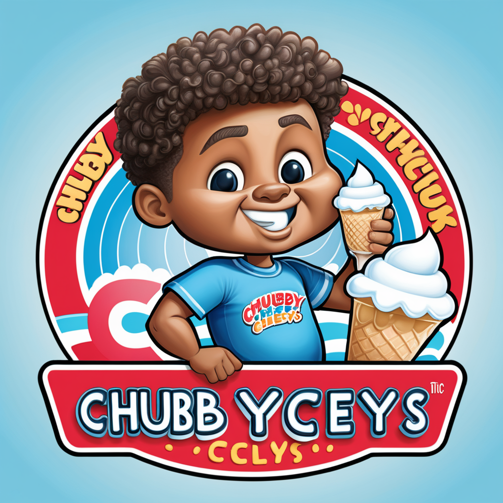 Creat an image of a stylized 3 dimensional emblem with resemblance to a badge or seal. The emblem features the words “Chubby Cheeks Iceys” in bold raised lettering. The central image is a cute African American boy with a curly high top fade holding an italian ice 