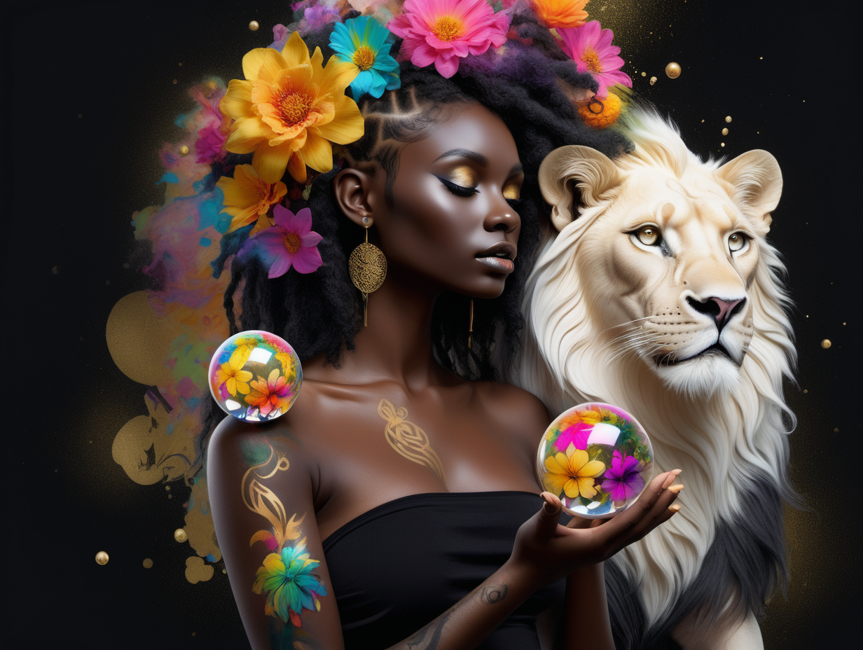 abstract exotic black Model with soft colorful flowers the colors leak into her hair. 
 add She is holding a toy top in gold
she is looking at realistic white 
lion
 8 crystal balls floating in the air
add tattoos on her arms and shoulder