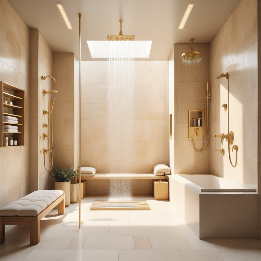 a hyperrealistic image of a grand modern Jerusalem-inspired estate home shower alcove with double rainshower heads, a bench seat, a sunlight; a large bathtub; Beige, oak, brass colour palette; 
