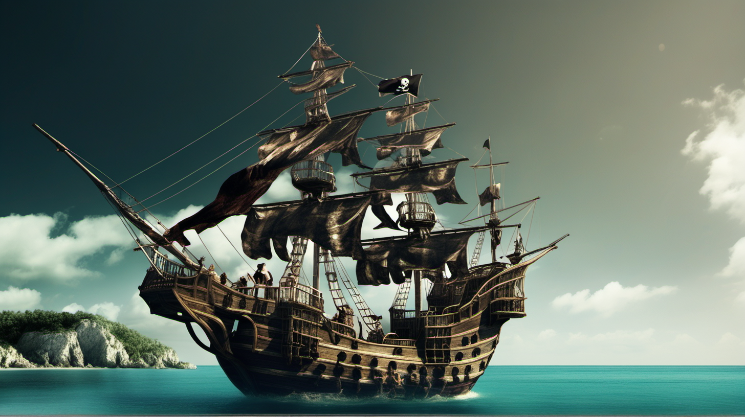 A pirate ship in front of the coast