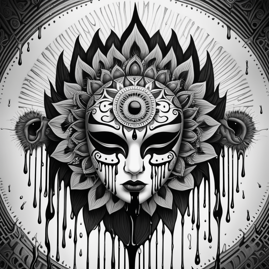 black & white, high details, symmetrical mandala, strong lines, sad face mask that is melting, dripping