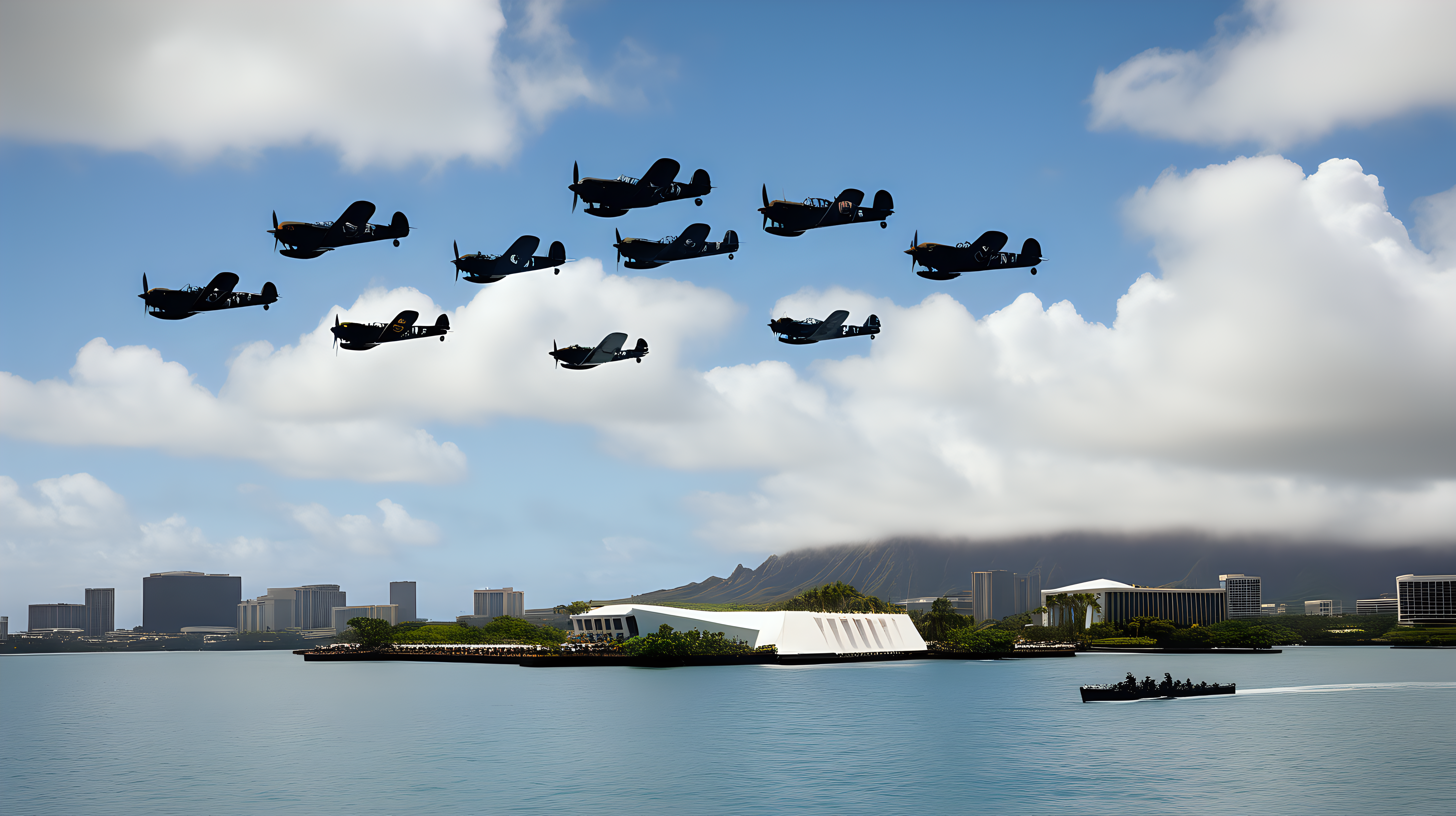 Squadron of  WW2 planes flying over USS Arizona Memorial