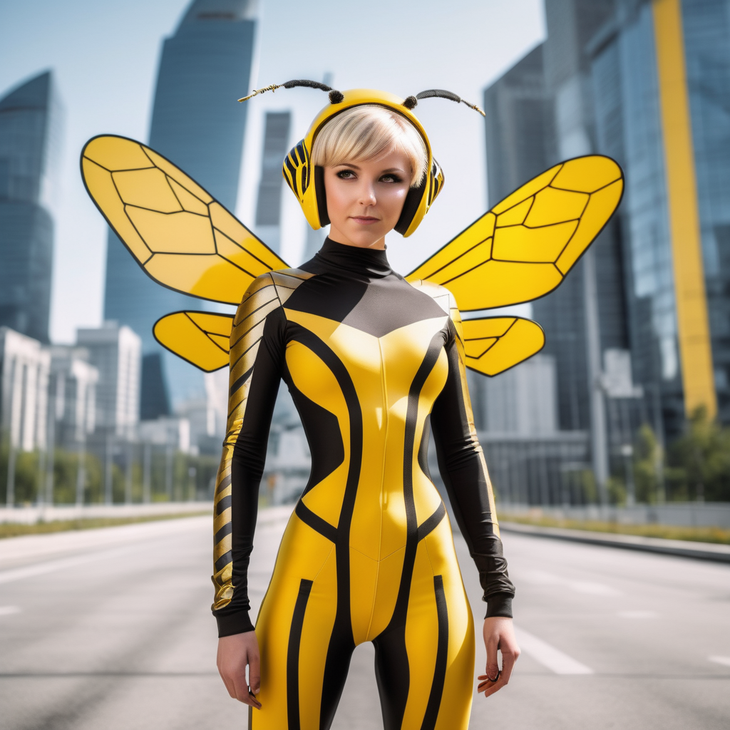 beautiful girl, short blonde hair, bee themed yellow and black skintight jumpsuit, yellow and black olympic bow, yellow and black tech helmet with bee antlers, tech bee wings, shooting arrows, city, day