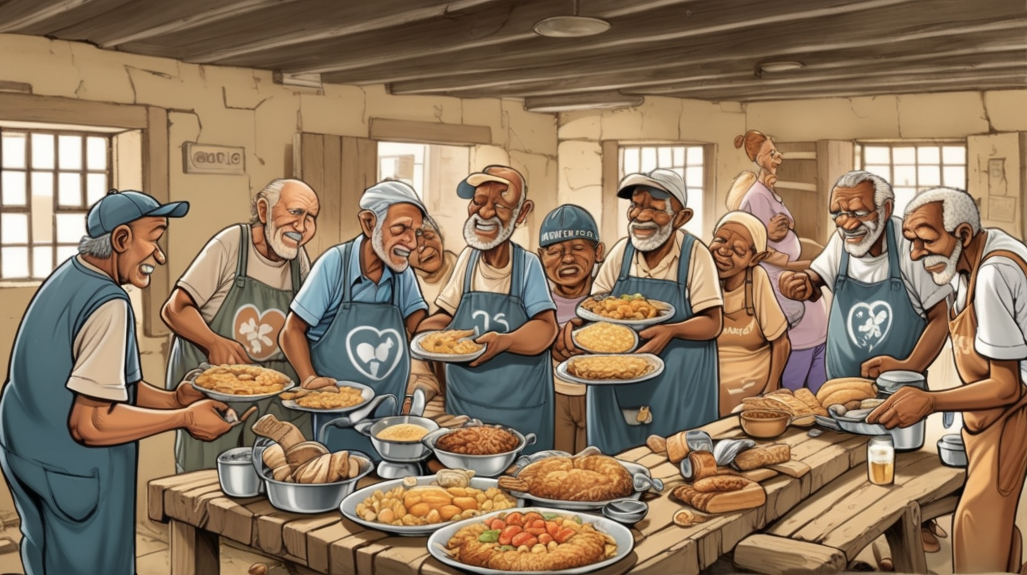 lot of cartoon poor people helping each other with food and taking care of each other in an old shelter home.