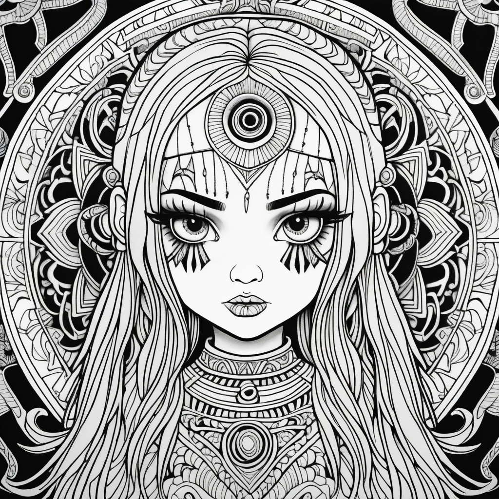adult coloring page, black & white, strong lines, high details, lsymmetrical mandala, evil girl doll full body