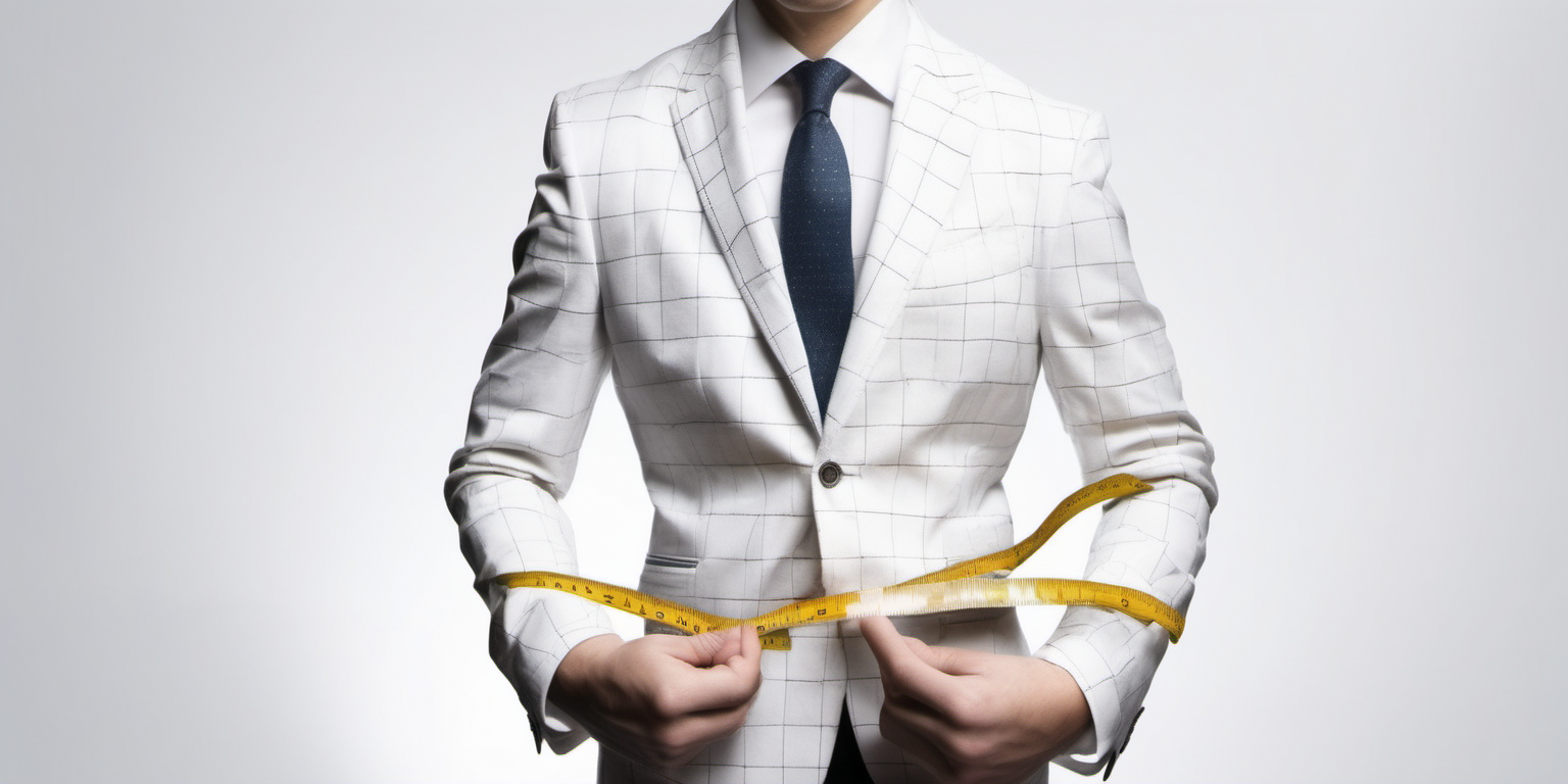 create an image with measuring tape, Suit jacket, a tailor and fabrics with white background

