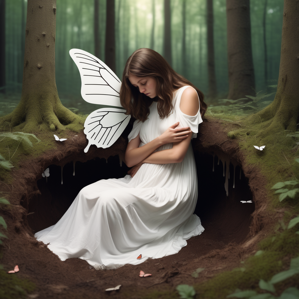 A teenage girl fell into a hole in a forest. she cradle into fetus position She had shoulder-length brown hair and a white flowy midi dress. His knee is bleeding. Her mother bent over her. Her mother looks like a fairy. her mother has butterfly on her back