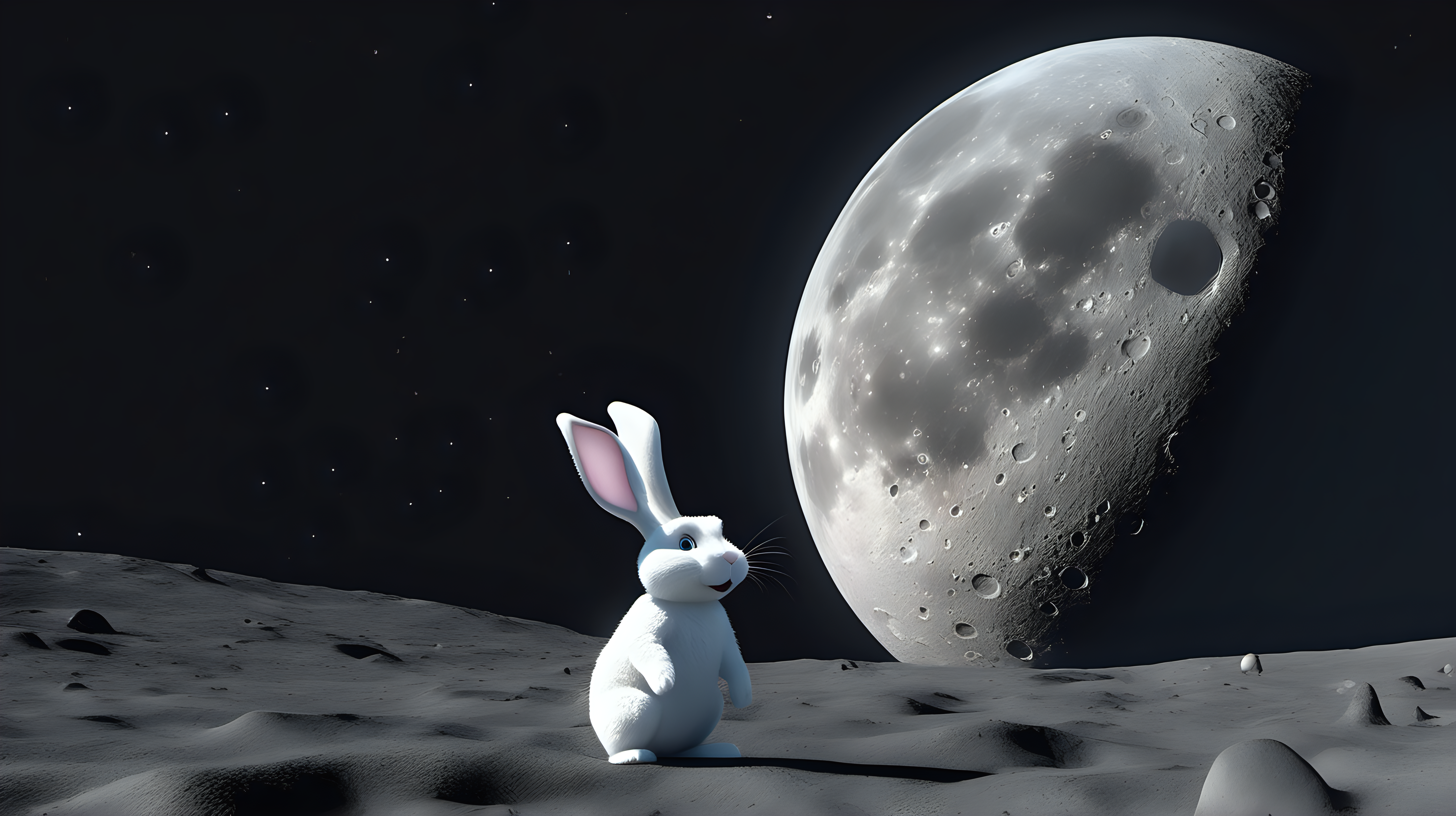 create an image of the surface of the moon as if you were standing on it, pixar style
size, next to a white bunny, standing on the surface of the moon