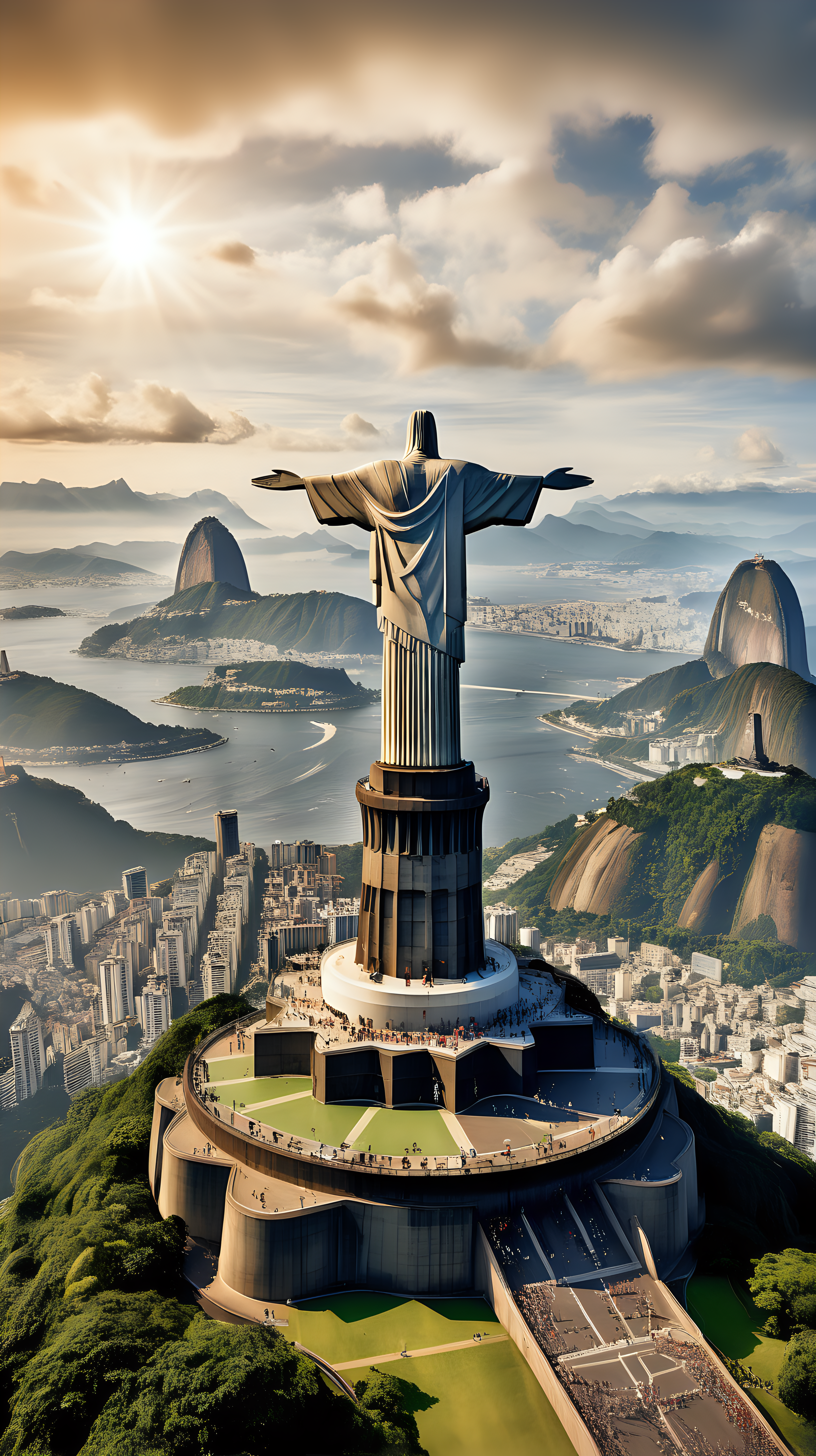 Imagine we're prompting, a beautiful trivia background centered around the iconic Christ the Redeemer statue. Capture the details of this monumental world wonder using a high-quality camera model and lens. Illuminate the scene with balanced and natural lighting, ensuring a universally usable and visually appealing composition for a captivating geography trivia backdrop.