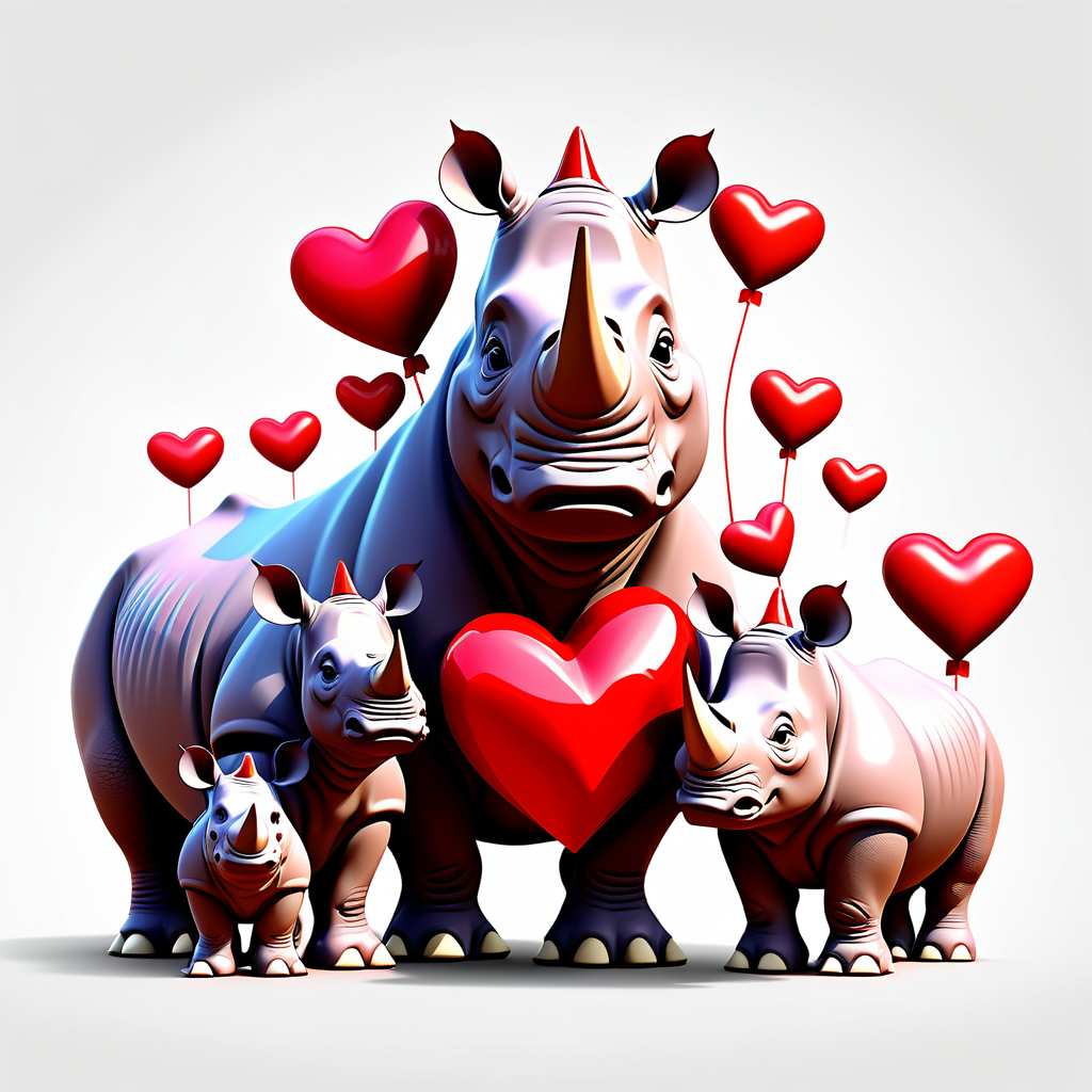 /envision prompt: "Pixar 3D Valentine's Day Rhino Family" clipart featuring a family of rhinos adorned with heart-shaped accessories against a pristine white background. The scene radiates familial love with a touch of Valentine's sweetness. --v 5 --stylize 1000
