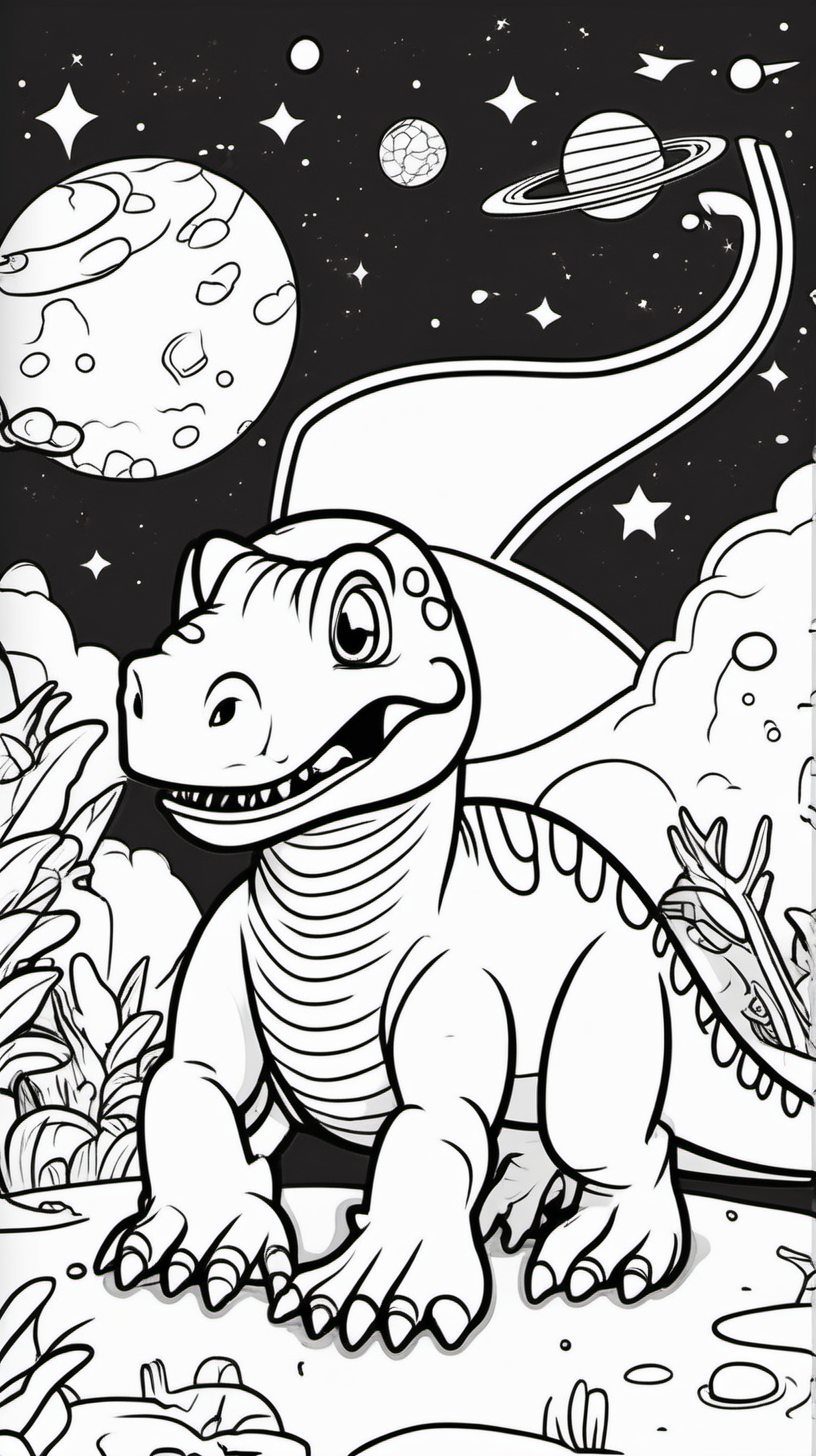 children's coloring book about a dinosaur in spacl with cut kid background white and cartoon style line draw black  no shadow 