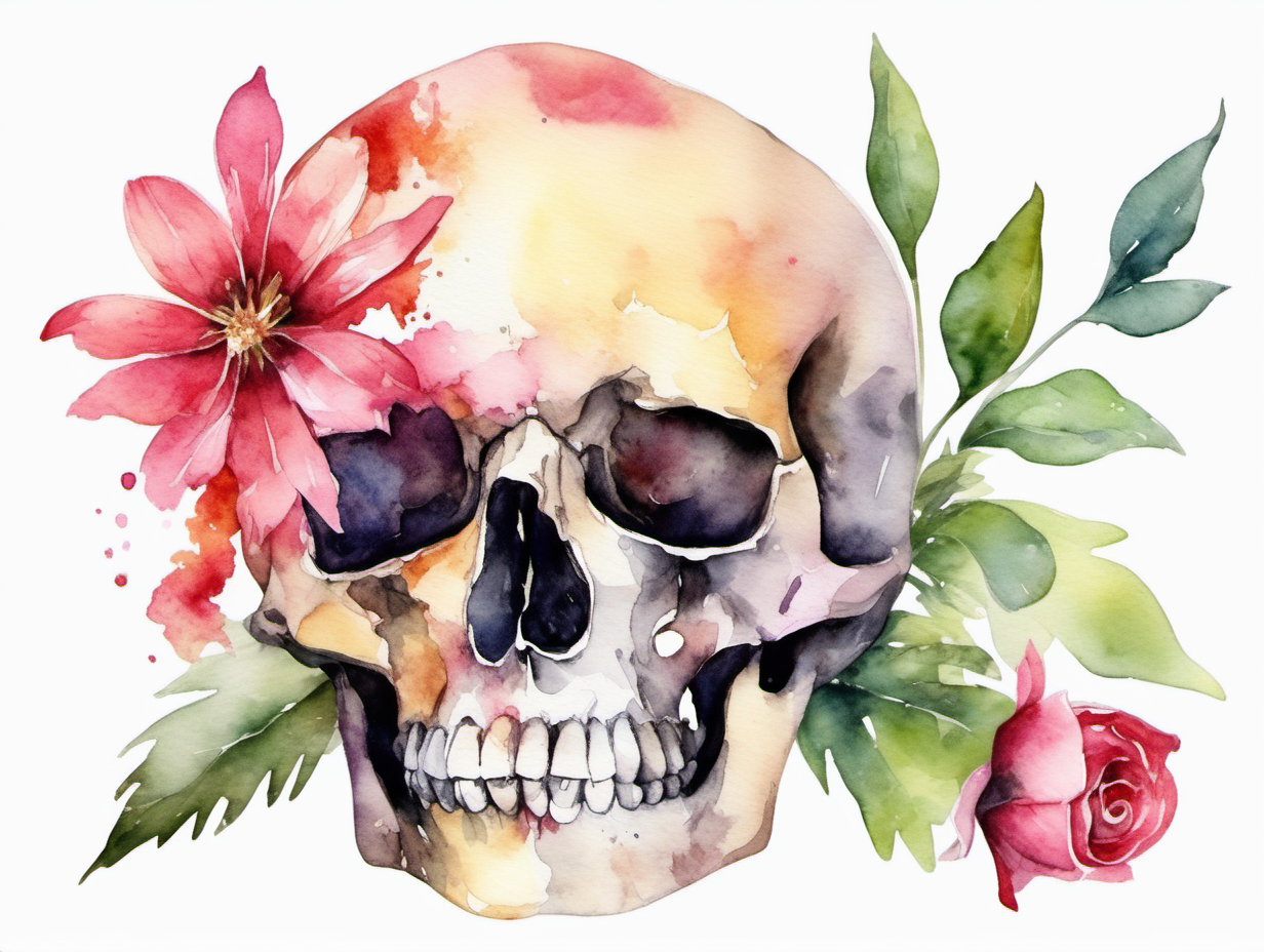 skull with Azalea blossom in the style of watercolor, on a white background