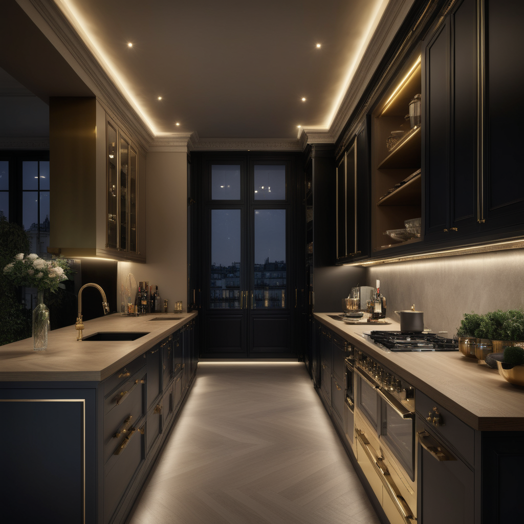 a hyperrealistic image of a palitial modern Parisian 3x6 metre Galley Kitchen at night with mood lighting,  in beige, oak, black and brass 
