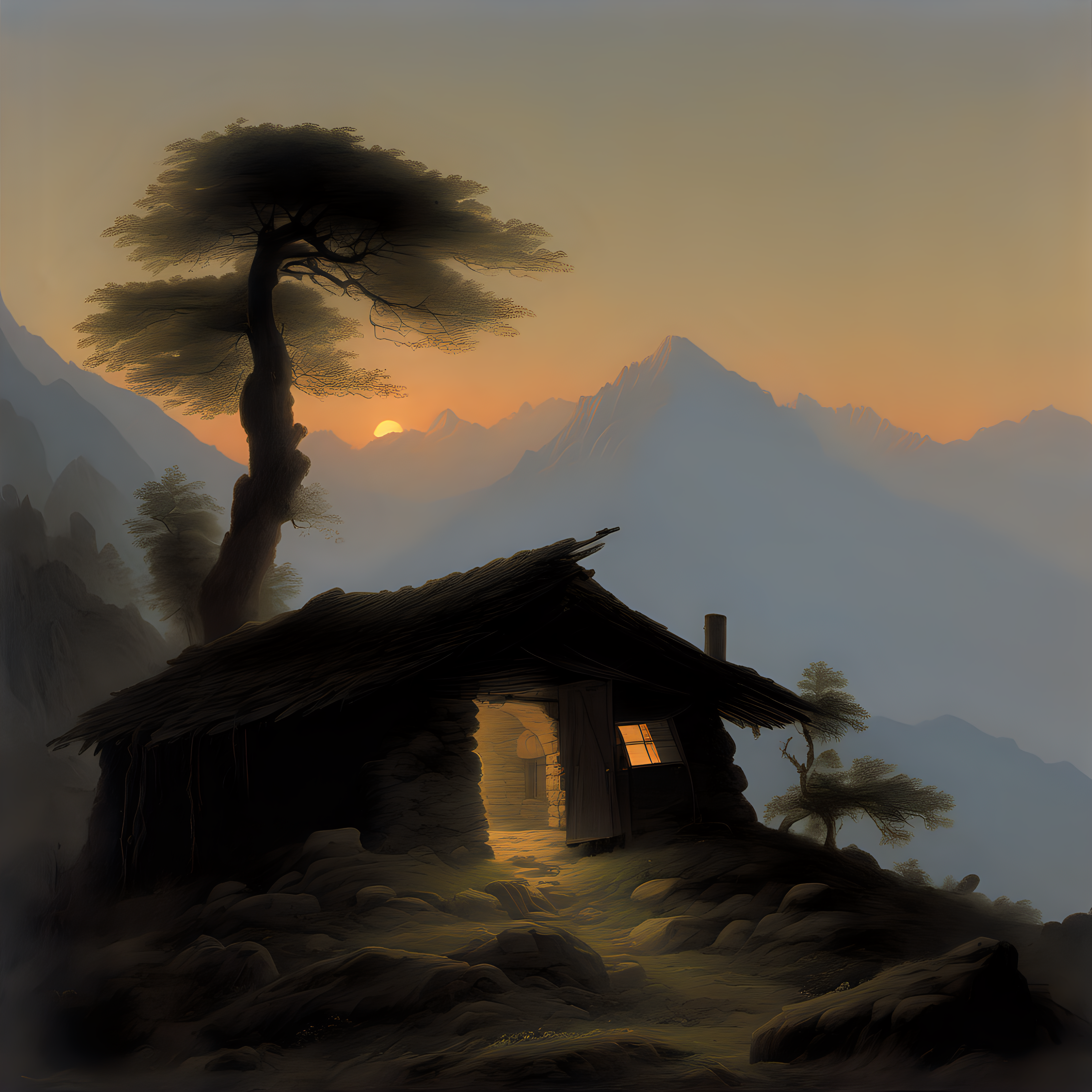 A small hut in the mountains around Dharamshala at dusk, Caspar David Friedrich oil painting