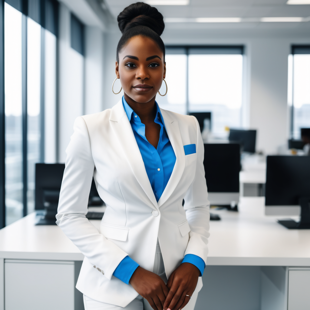 femme noire, travaillant dans les ressources humaines, en costume blanc et chemise bleue dans un debout bureau lumineux