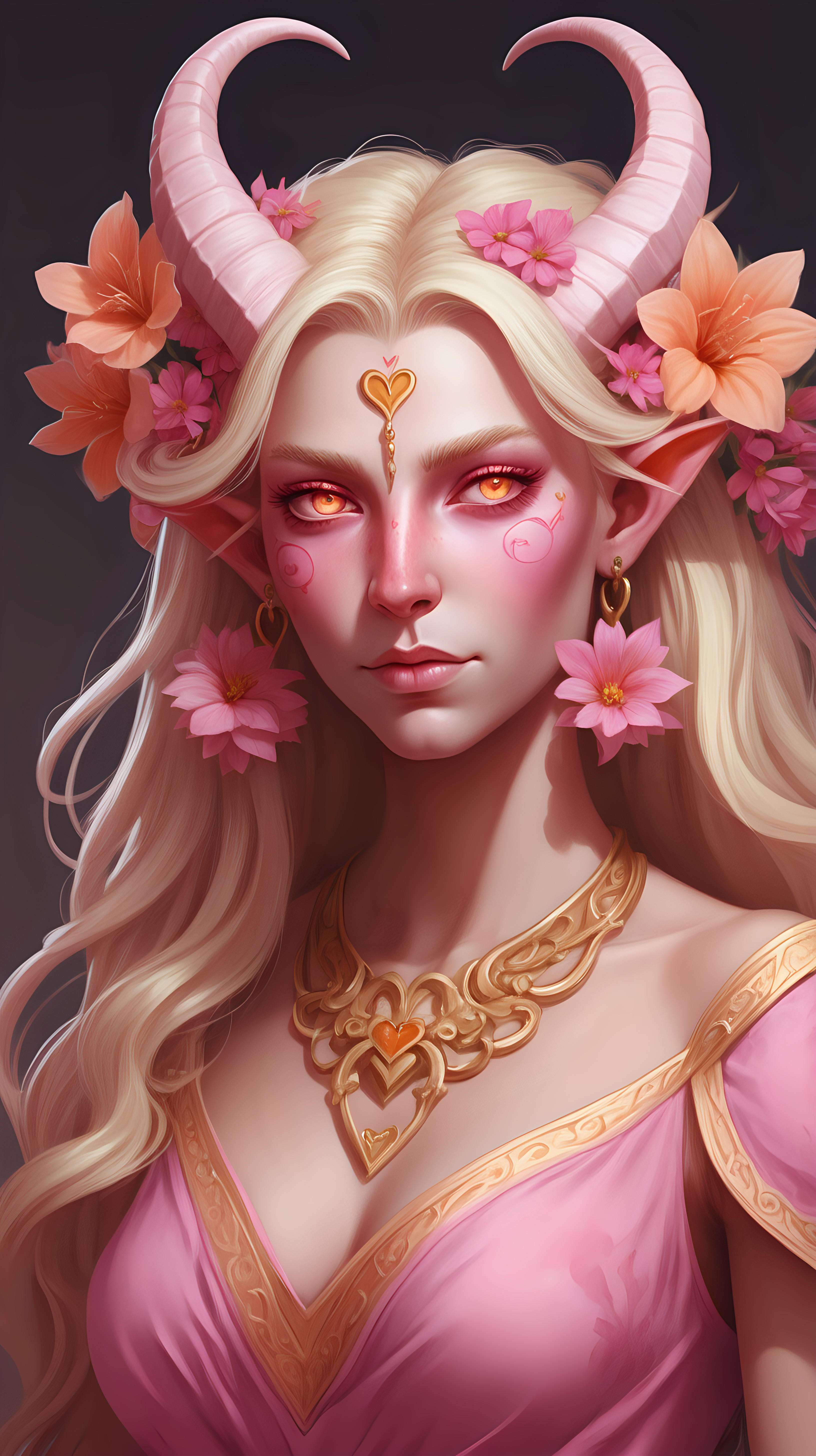 Tiefling woman with pink skin She has white