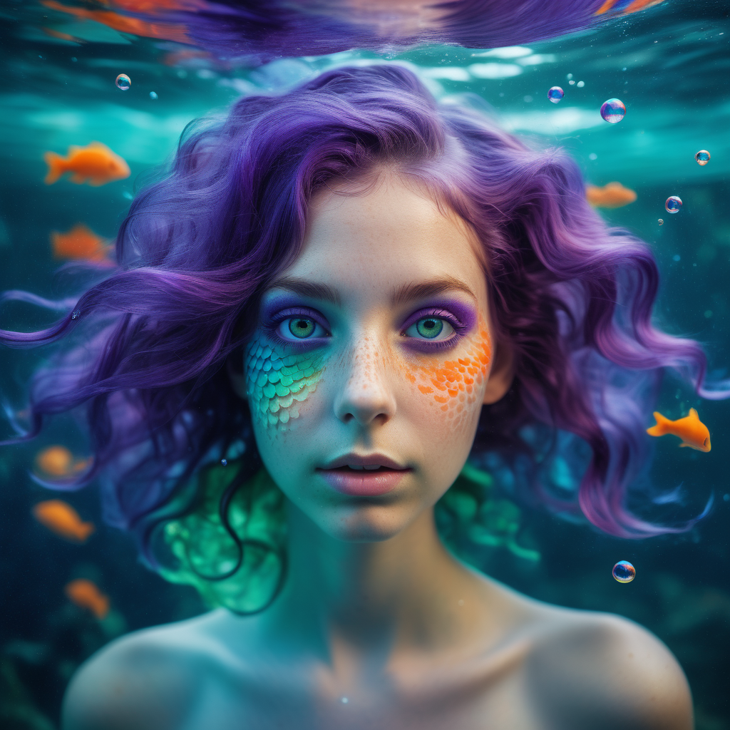 Frontal portrait of a whimsical and colorful woman resembling a mermaid or siren. Fair complexion, youthful features, wide open eyes, and delicate freckles on nose and cheeks. Vibrant, gravity-defying hair in shades of purple, blue, orange, and teal. Hair transitions into tendrils or aquatic flora, creating an underwater illusion. Small bubbles floating around the head add to the underwater theme. Attire or visible body part resembles teal and green fish scales with vibrant colors. Overall effect: Serene and otherworldly underwater creature in quiet contemplation.