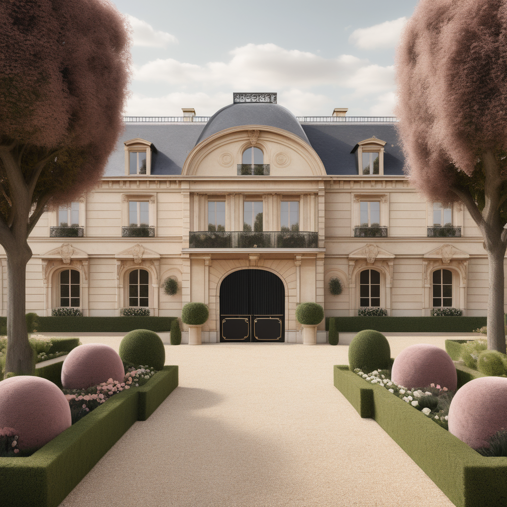 A hyperrealistic image of a palatial modern Parisian estate horse stables viewed from the outside in a beige oak brass colour palette with accents of black and dusty rose, with beautiful garden beds and sprawling lawns around it
