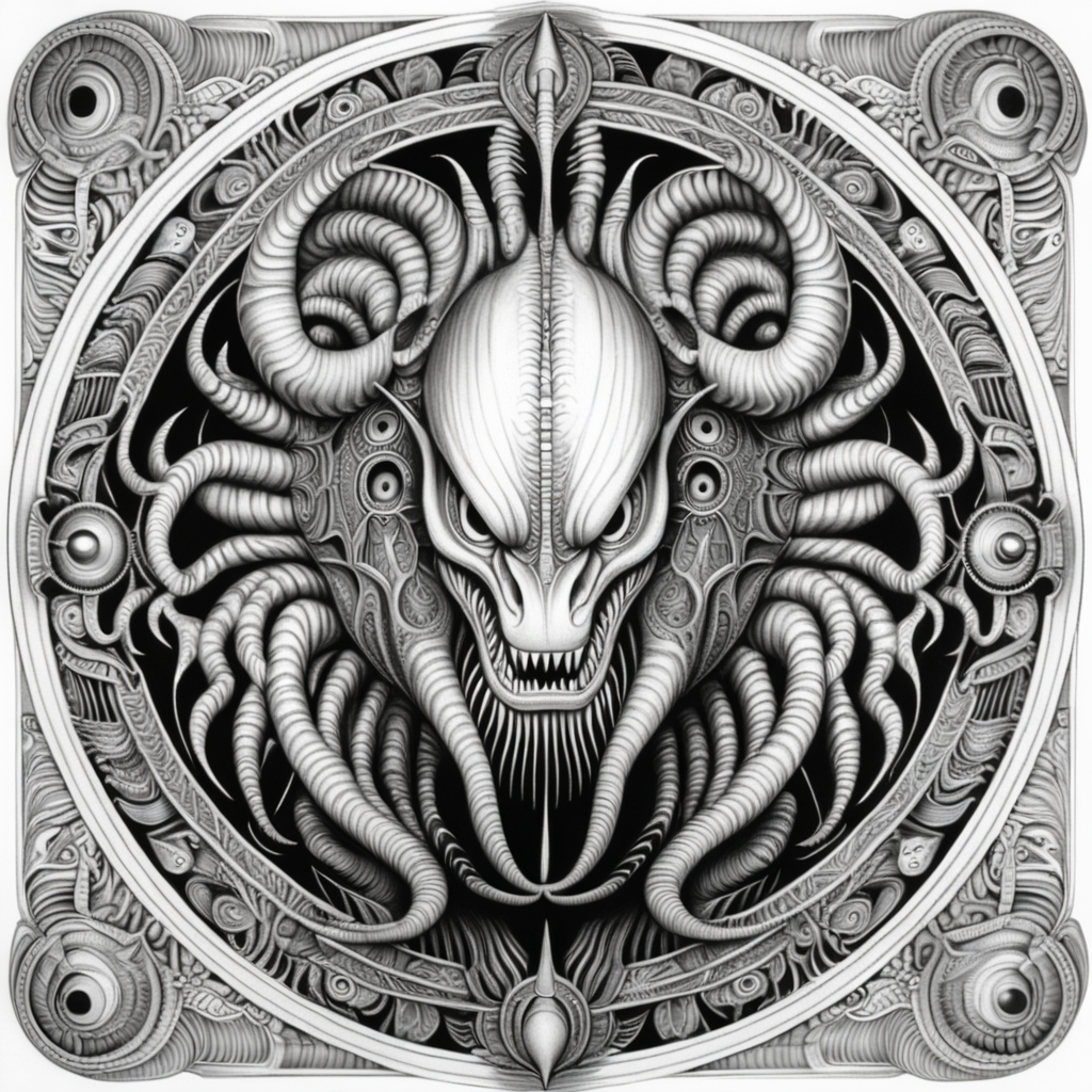 black & white, coloring page, high details, symmetrical mandala, strong lines, Daemonosaurus with many eyes in style of H.R Giger