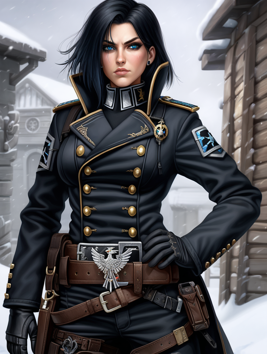 Warhammer 40K young busty Commissar woman. She has an hourglass shape. She has raven black hair. She has a very short hair style similar to what Maya, from Borderlands 2, has. Dark black uniform. Dark brown belt has a lot of pouches, grenades, and a black holster attached. Dark brown bandolier around waist. Her dark black uniform jacket fits perfectly and is closed up. She has a lot of eye shadow. Background scene is snowy trench line. She has icy blue eyes. Her uniform has some Norse runes on the collar and epaulettes. She is wearing warm clothes.