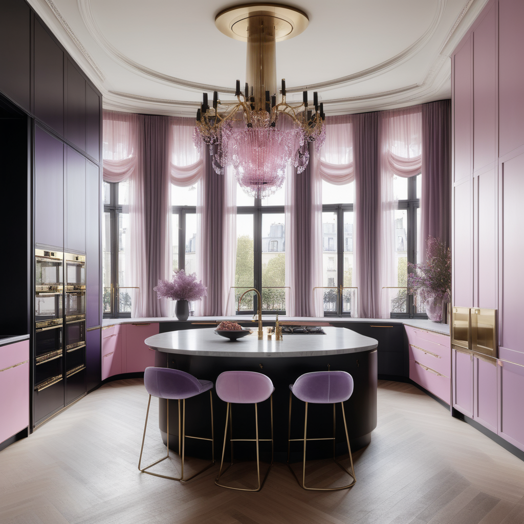 hyperrealistic image of large modern Parisian kitchen with island, floor to ceiling windows, curves, black, pink, lilac and brass colour palette, brass chandelier, sheer curtains