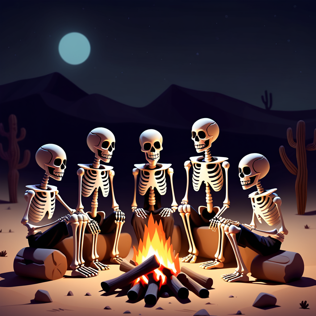Desert, dark, scary, skeleton, telling stories, five teenagers, campfire
