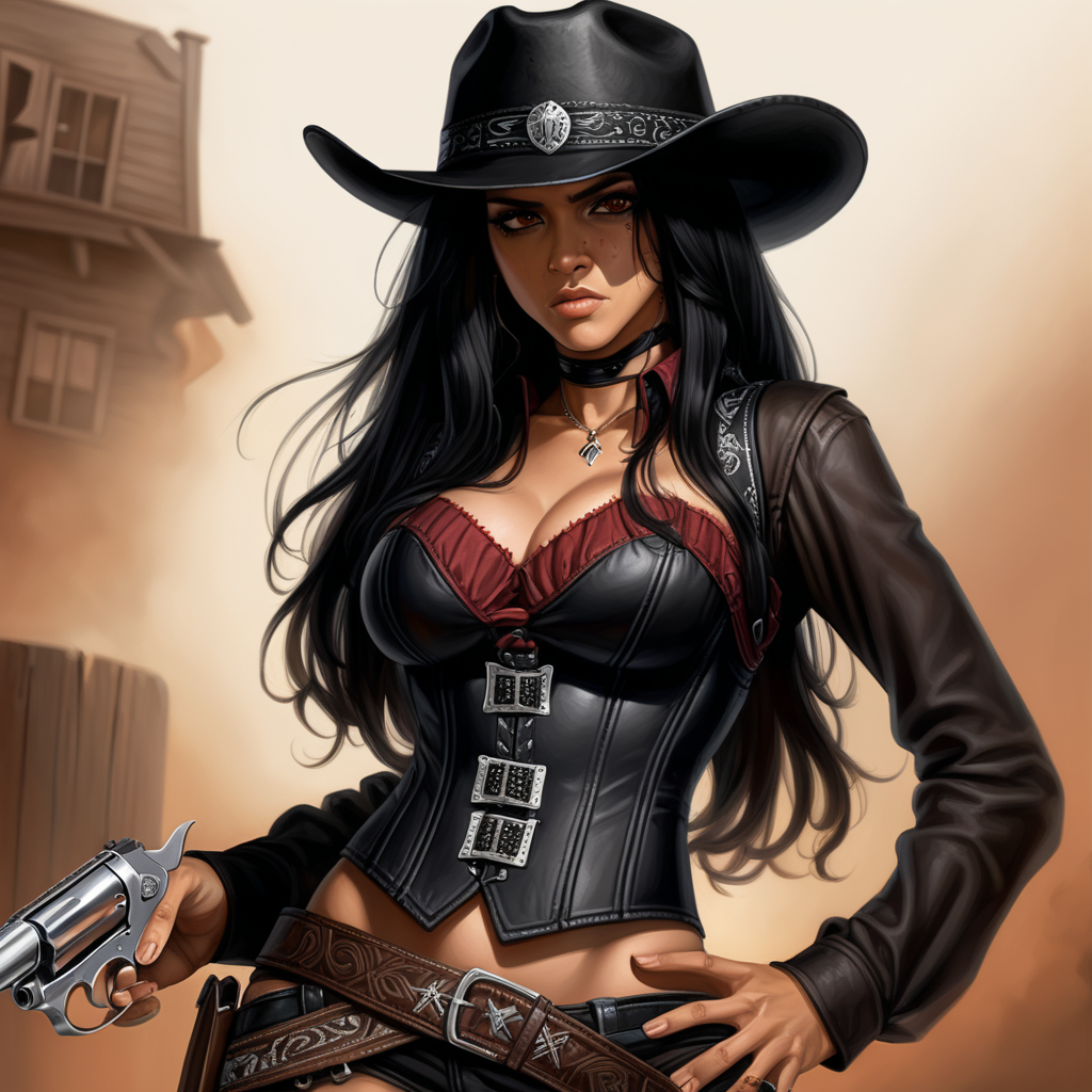 black cowboy hat, black hair, long hair, brown eyes, Latina, female, western, black corset, black bandolier, mature, black bandana around neck, semi realism, Evil, angry, long sleeve, blood on face, hold up gun