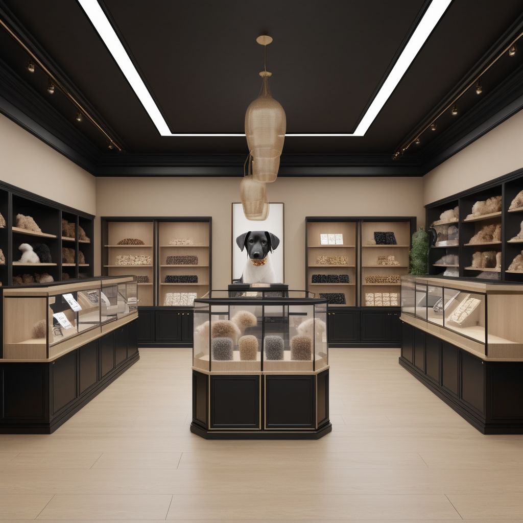 hyperrealistic image of an elegant pet store interior in a beige, oak, brass and black colour palette