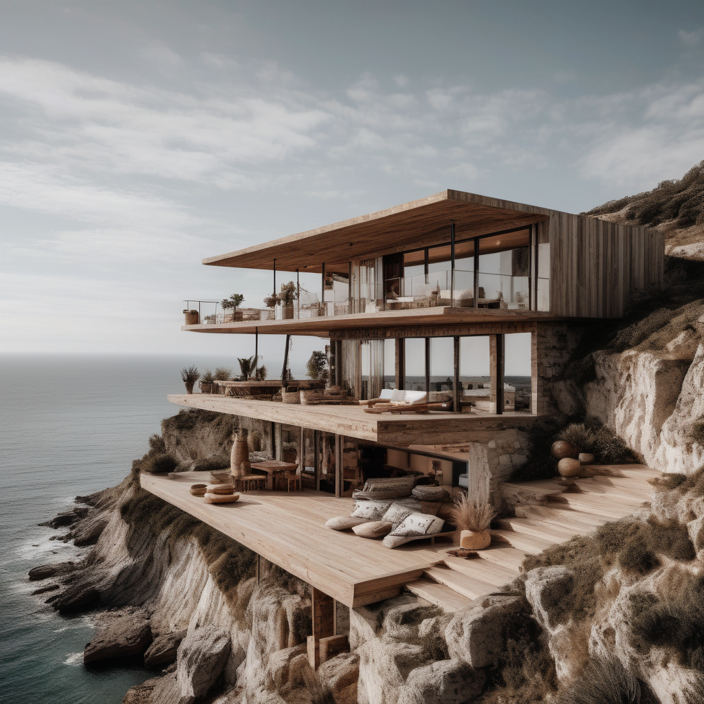 Design of a boho house located on the mountain clif by the coast 

