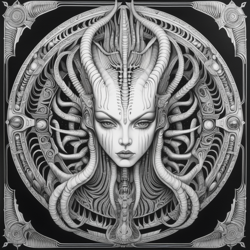 adult coloring book, black & white, clear lines, detailed, symmetrical mandala, queen in style of H.R Giger