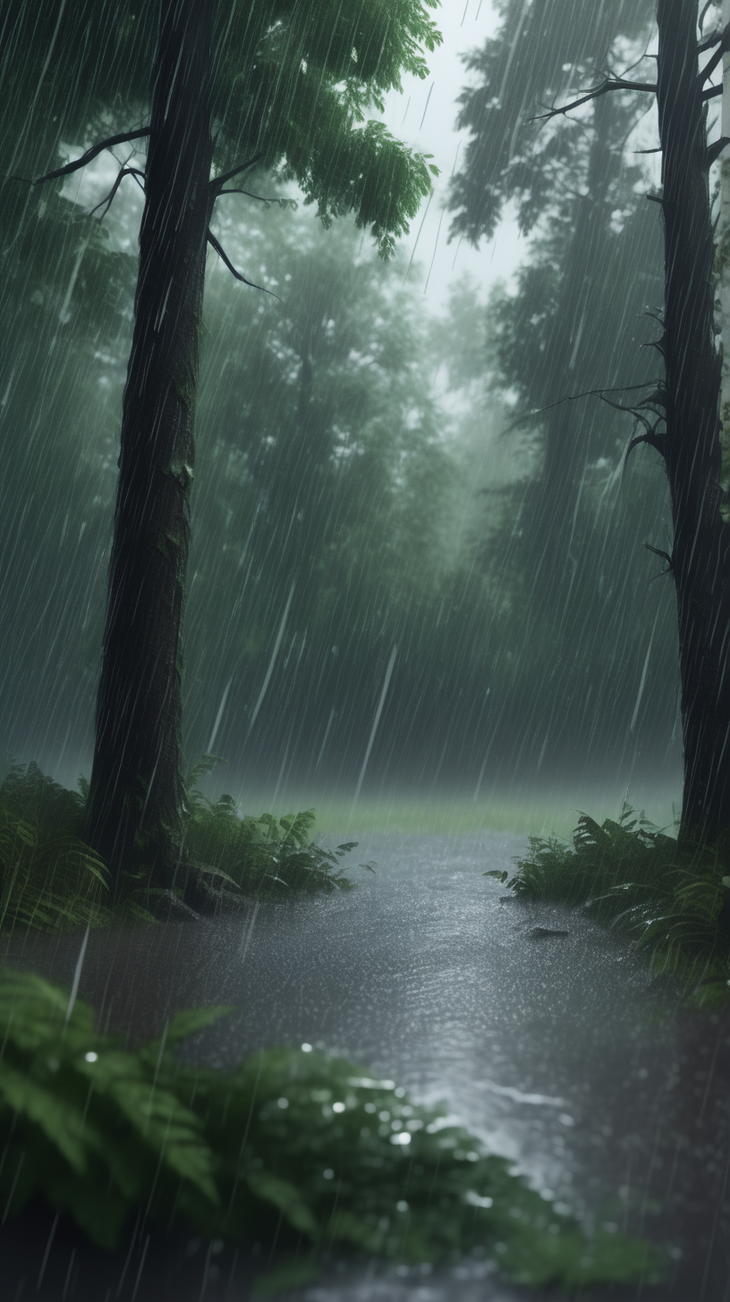 Realistic Torrential rain in the forest
