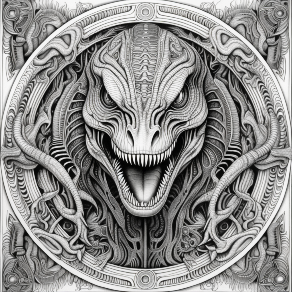 black & white, coloring page, high details, symmetrical mandala, strong lines, t-rex with many eyes in style of H.R Giger