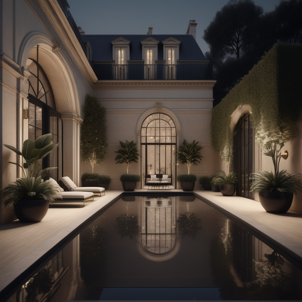 a hyperrealistic of an elegant Modern Parisian estate home outdoor undercover pool with mood lighting and plants, in a beige oak brass and black colour palette 
