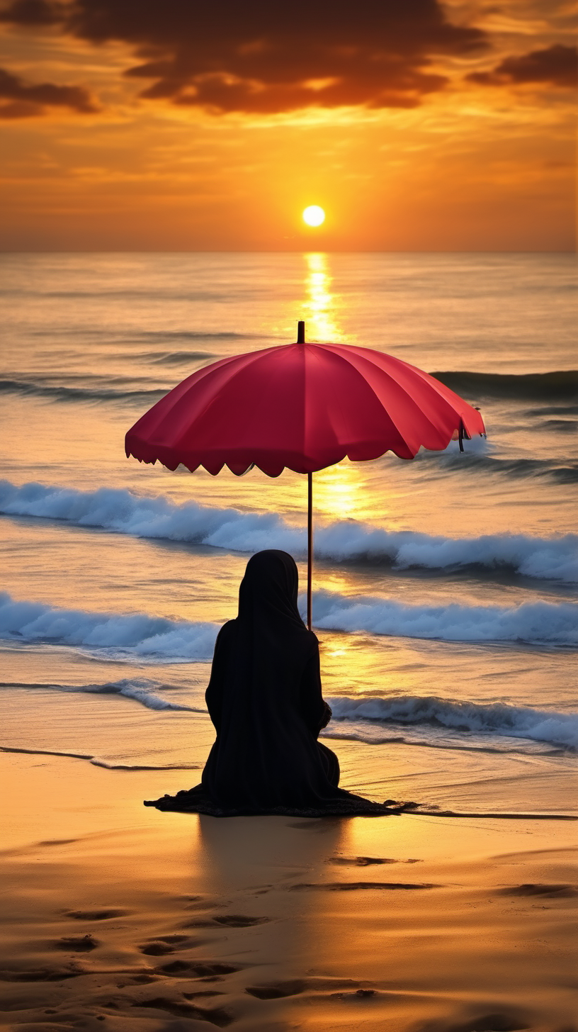 Muslim Woman, Sitting on the Beach, There is an Umbrella, She is looking at the sunset and the beautiful sea waves, the clouds are red to yellow, very beautiful