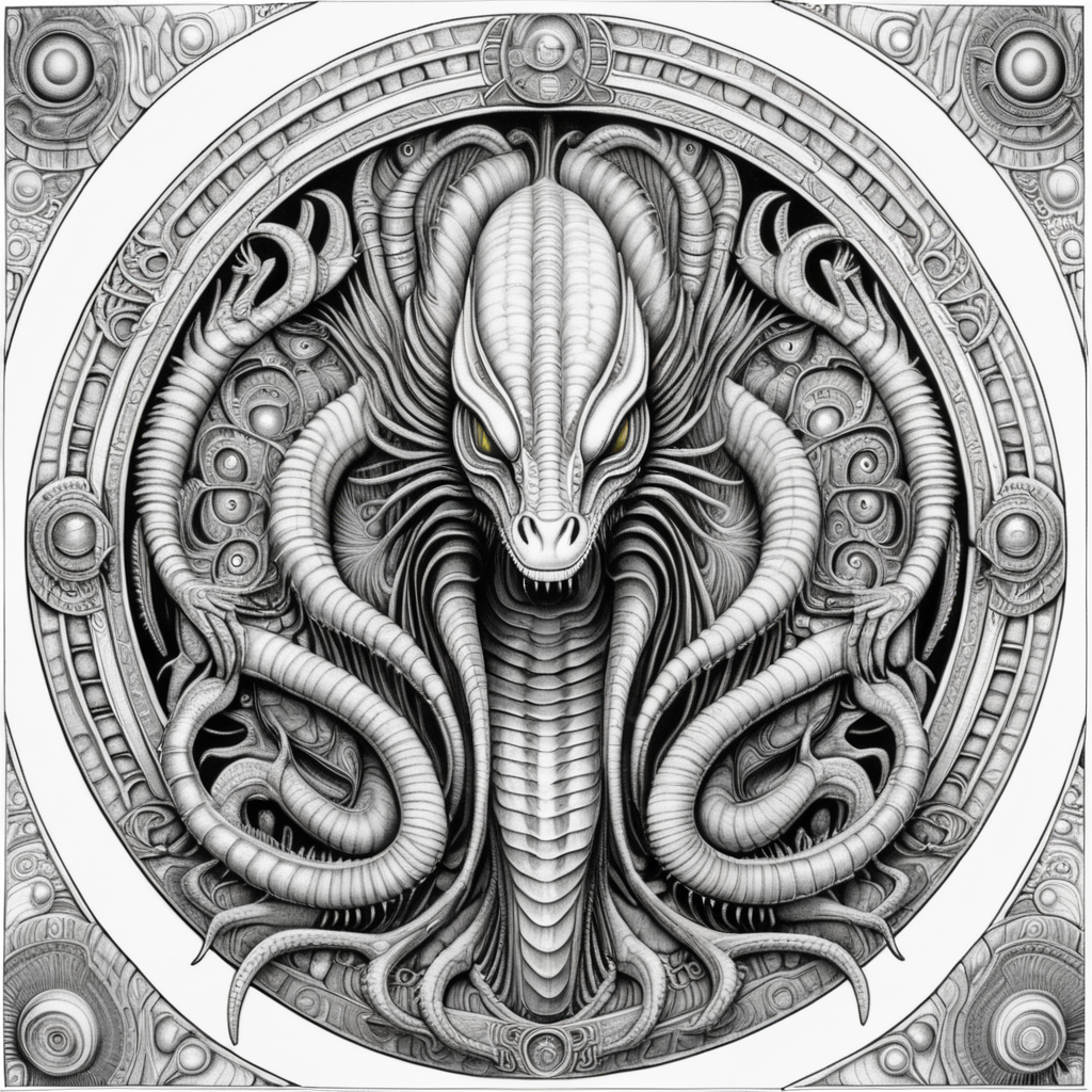 black & white, coloring page, high details, symmetrical mandala, strong lines, Coelophysis with many eyes in style of H.R Giger