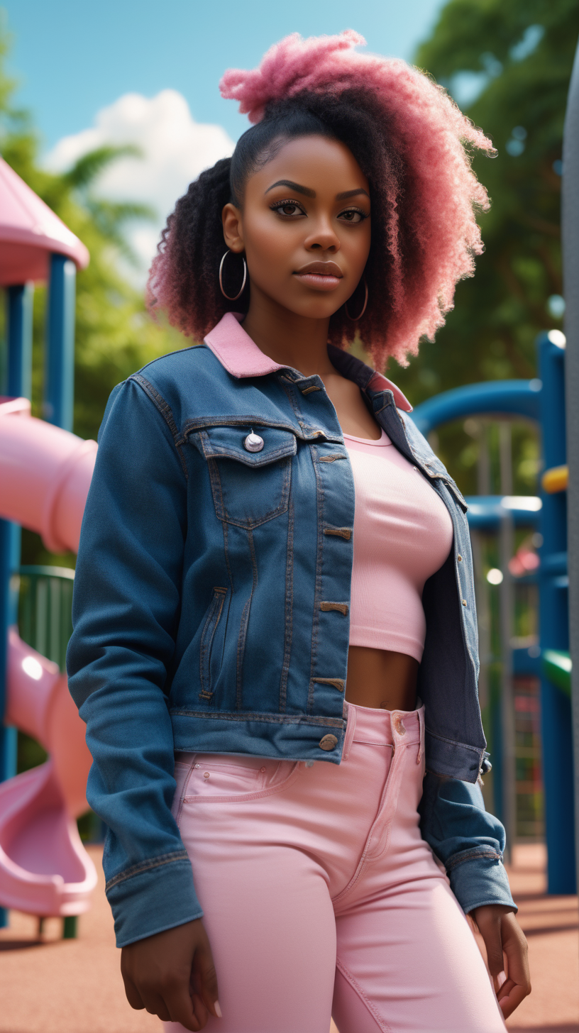 A beautiful, exotic, Black woman standing against , a lush playground background, Facing the camera straight ahead, with a fierce look in her eyes, wearing an light Pink, long sleeve, tee shirt, wearing a blue denim jacket, lighting is over the left shoulder, from behind, pointing down ultra 4k render, high definition, deep shadows