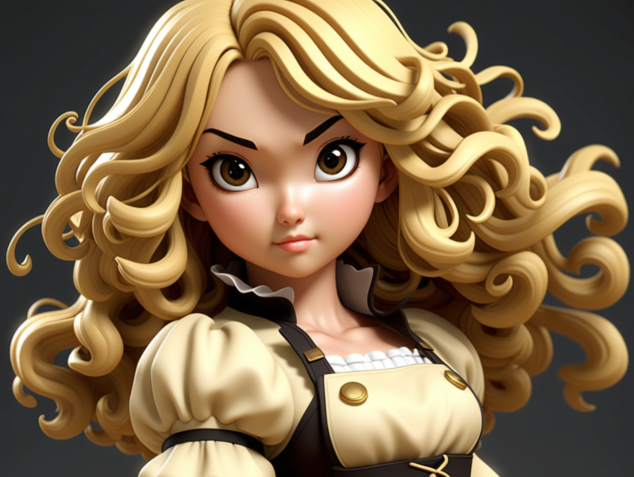 3D, Anime, adult, age 35, Asian female, Describe in vivid detail the appearance of Goldilocks. Portray her with short, long-blonde curly hair, framing her face with dark black eyes. She is a fighter and carries two daggers that she uses in combat.