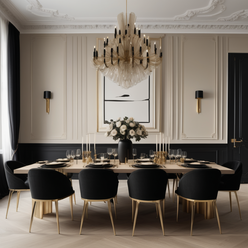 a hyperrealistic of Modern Parisian dining table properly set for a dinner party for 12 people in a beige oak brass and black colour palette 
