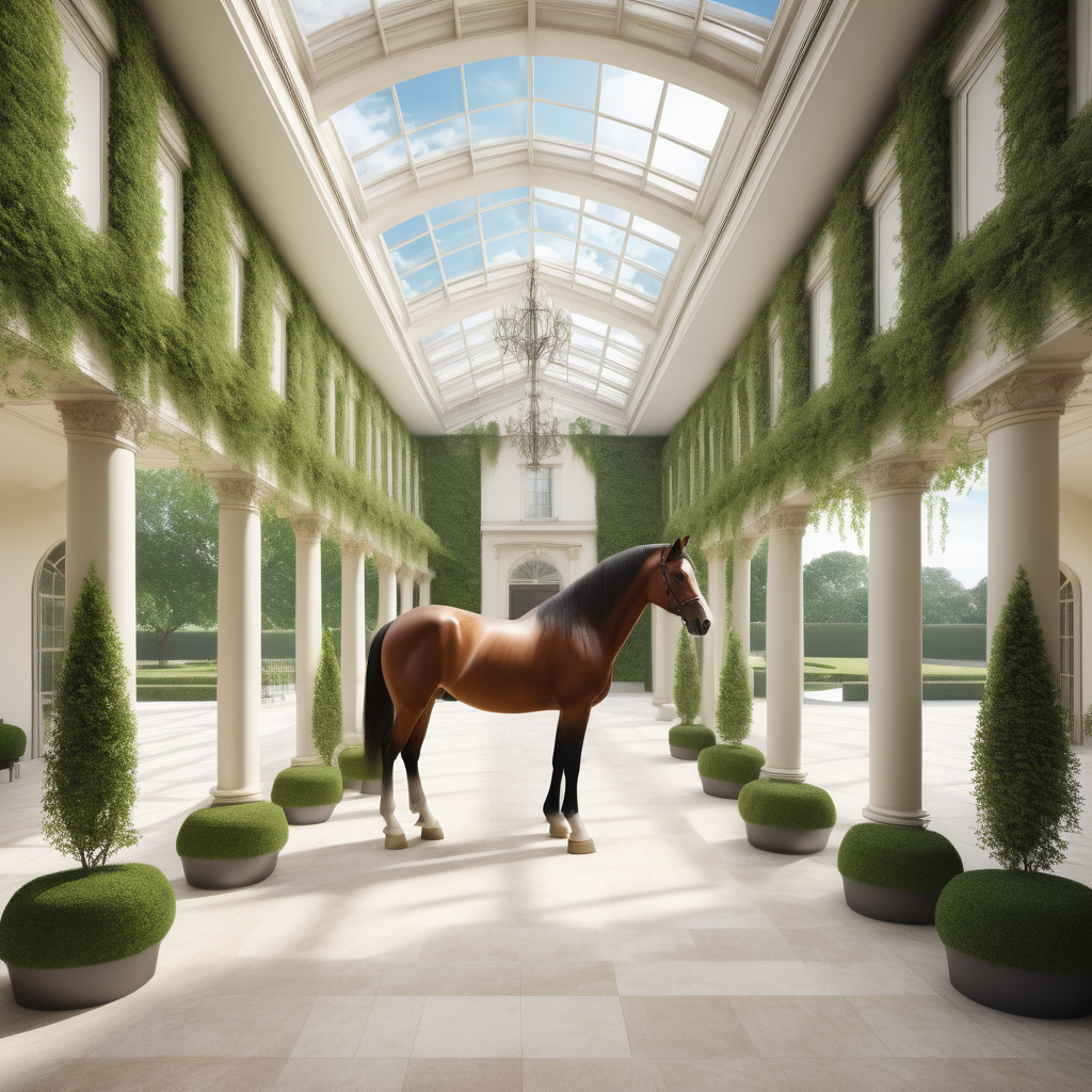 A hyperrealistic image a grand Modern Parisian etsate elegant large open horse stables with clydesdale horses, star jasmine vines limestone flooring, open to the beautiful sprawling manicured lawns