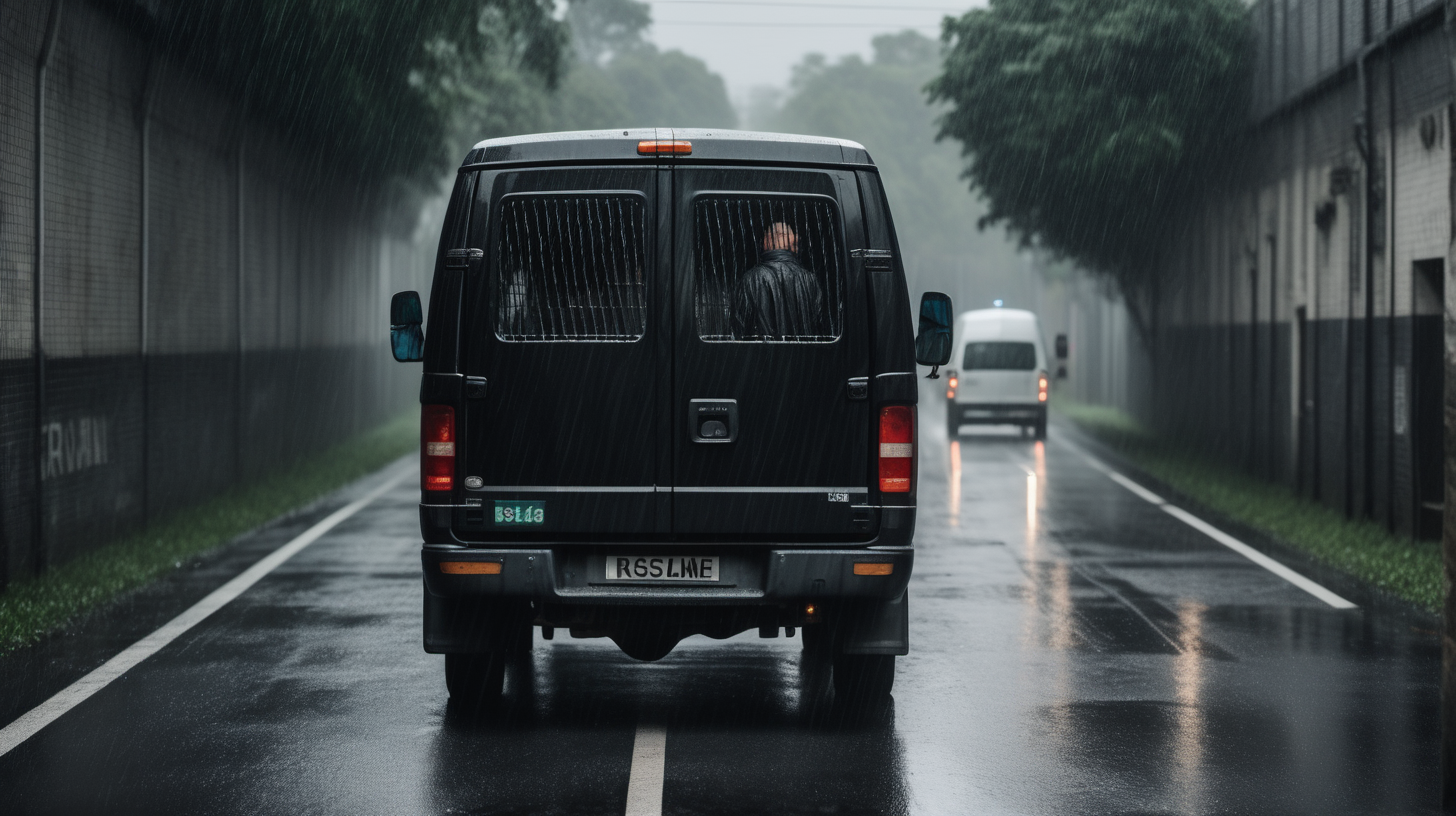 back of black prision transport van, white prisoner inside van man inside,  rainy road, two lane road.
