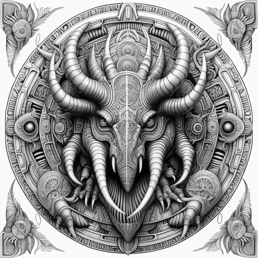 black & white, coloring page, high details, symmetrical mandala, strong lines, triceratops with many eyes in style of H.R Giger