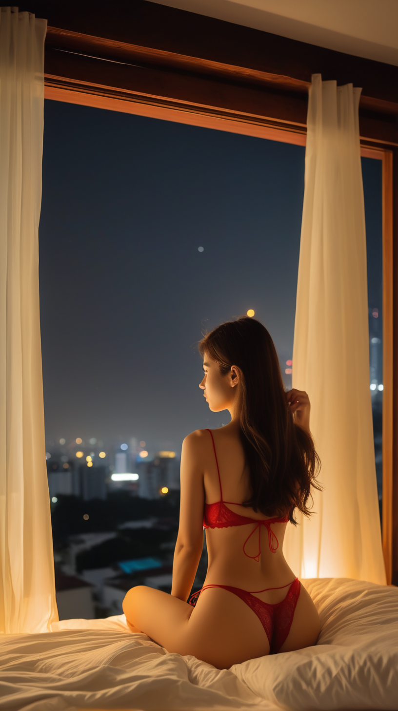 Young, slim, German, big breasts, long hair, brunette, red and yellow lingerie, thong, closed bra, sitting on the bed in a room by the window overlooking night Thailand

