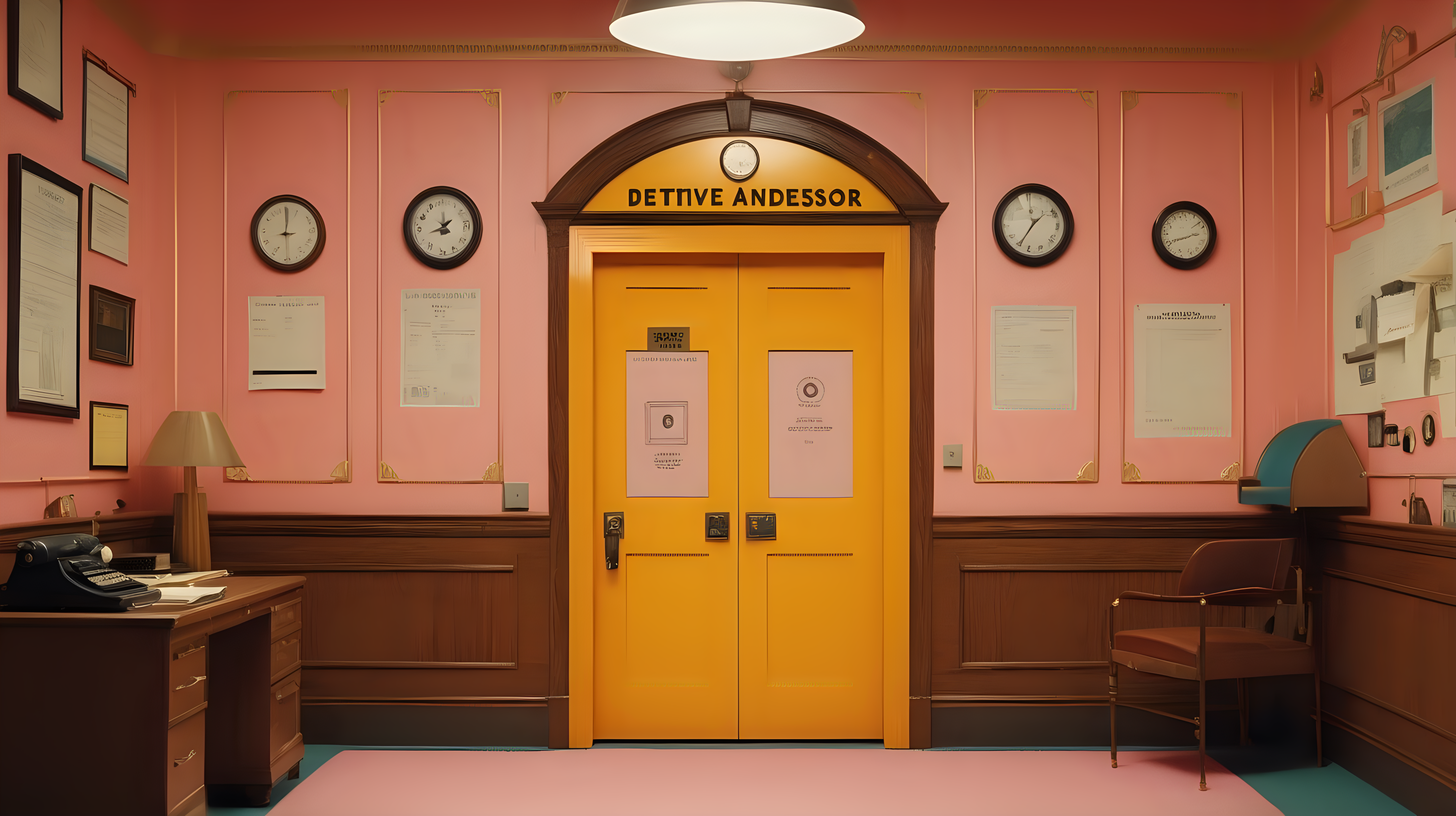 Detective office door in the style of Wes