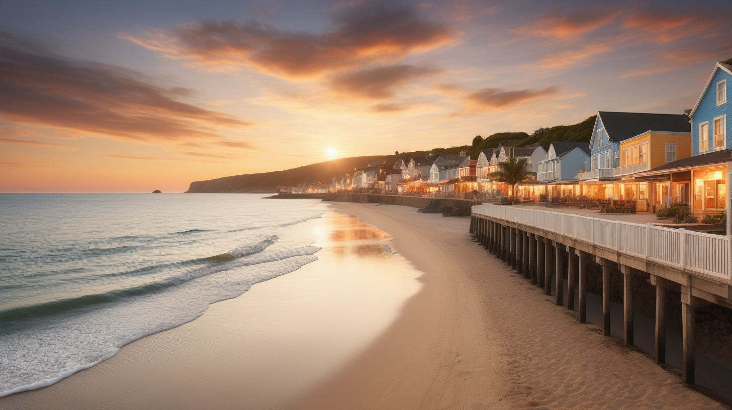 Una fotografía de un pueblo costero que transmita calma y serenidad, relax, lounge, ultrarealista, atardecer, playa