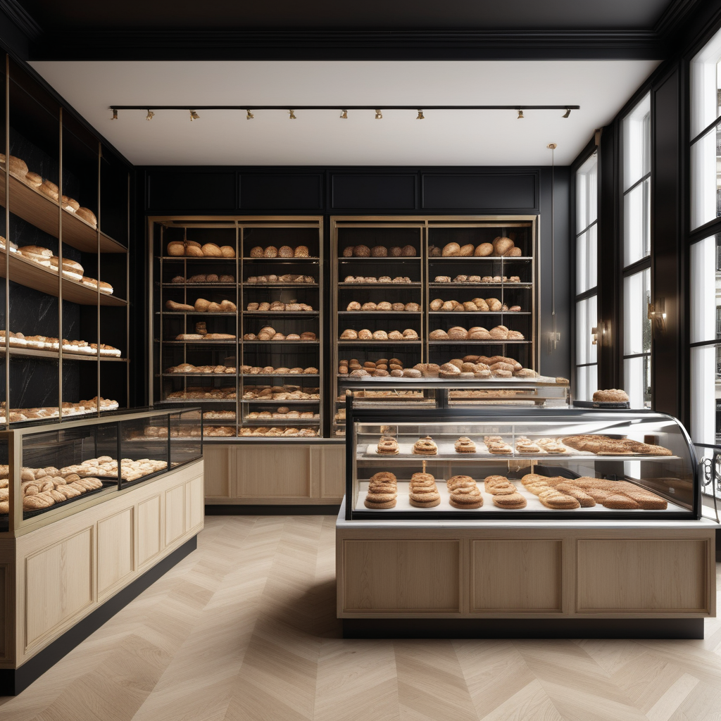 A hyperrealistic image a grand Modern Parisian gourmet bakery in a beige oak brass and black colour palette with floor to ceiling windows and