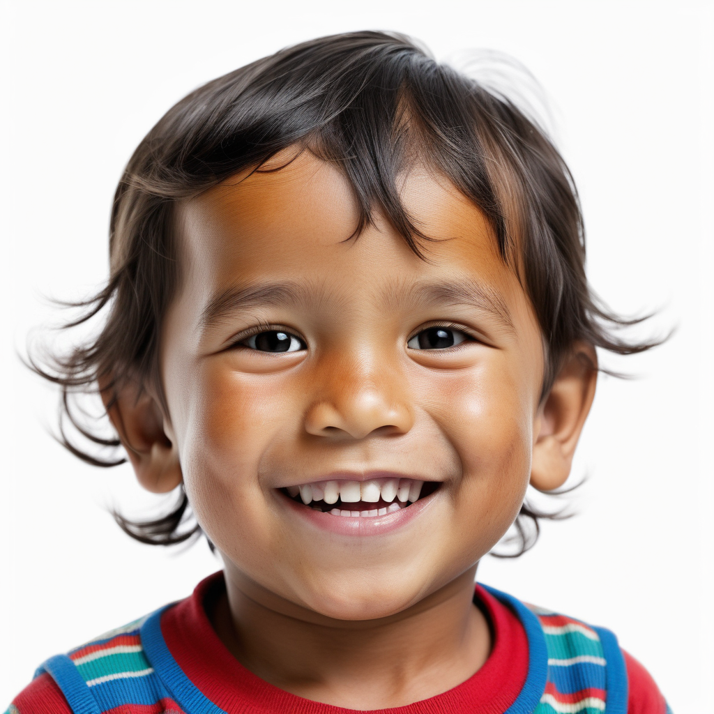 bílé pozadí_reálná tvář_dítě 3 roky_ kluk_žije v Peru_usmívají se_je vidět celá hlava_usmívá se